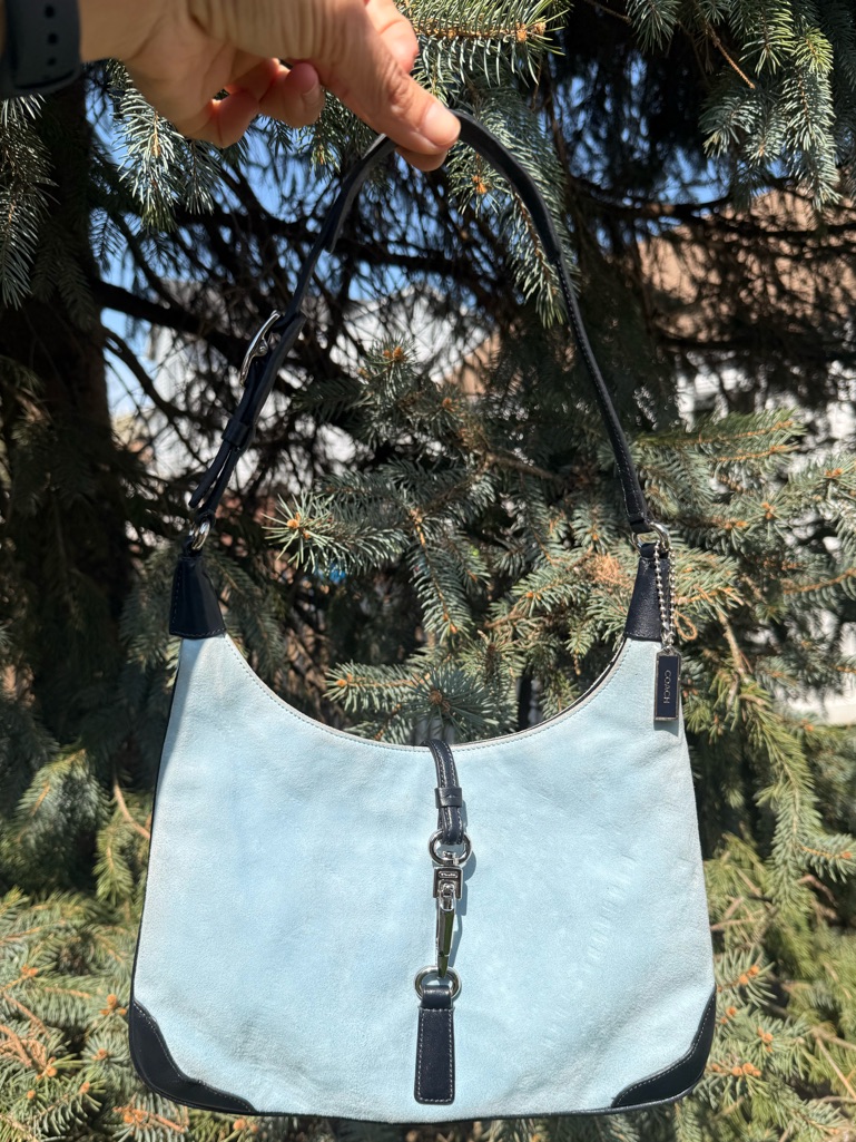 Rare Coach Y2k Baby Blue Suede Mini Hampton Shoulder Bag Vintage